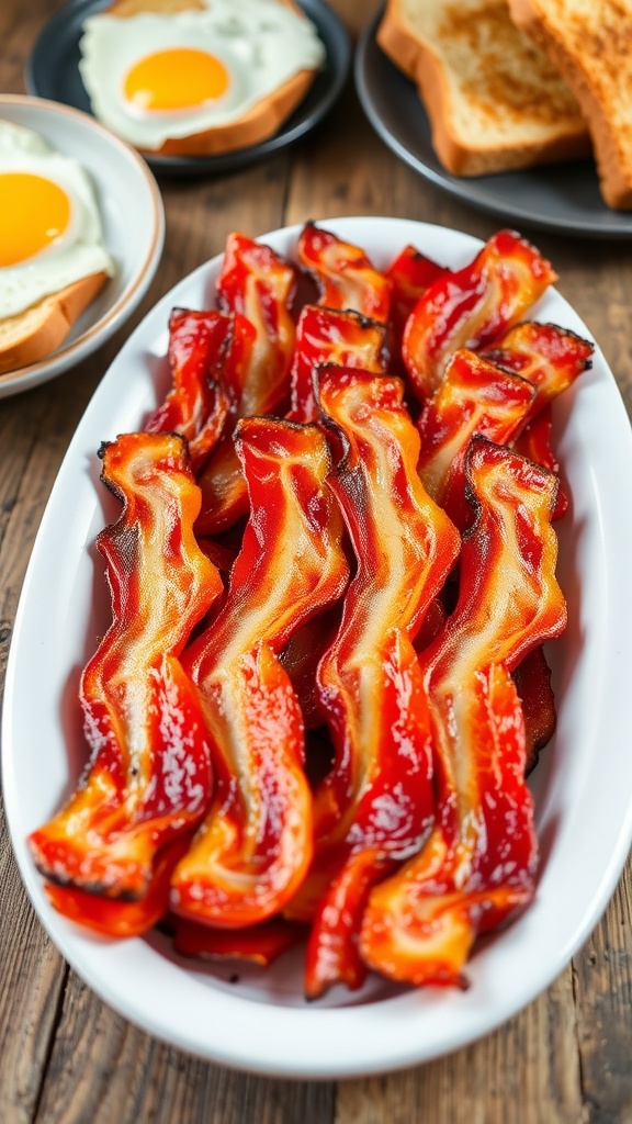 Crispy oven-baked bacon slices on a platter with eggs and toast.